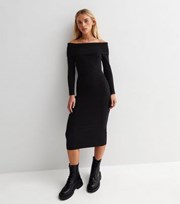 New Look Petite Black Ribbed Knit Bardot Long Sleeve Midi Bodycon Dress